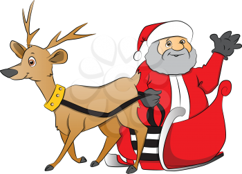 Vector illustration of santa claus waving from reindeer drawn cart.