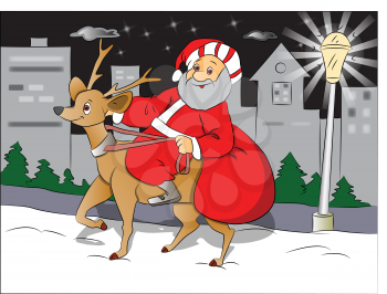 Vector of happy Santa Claus riding on deer.