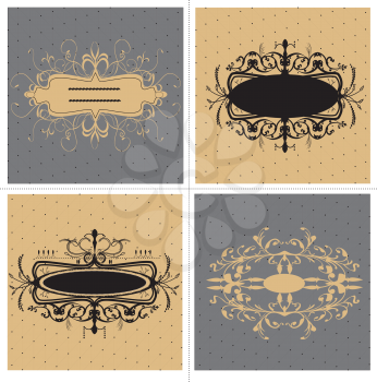 Vintage labels with ornate elegant abstract floral design, black on gray and brown with net. Vector illustration.