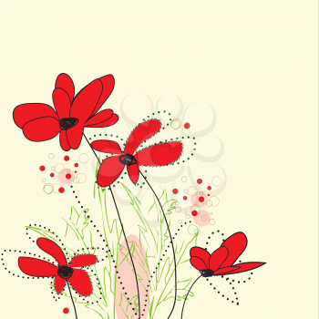 Vintage invitation card with elegant retro abstract floral design, red flowers on yellow. Vector illustration.