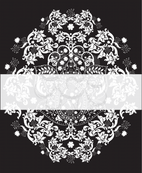 Vintage invitation card with ornate elegant abstract floral design, white on black. Vector illustration.