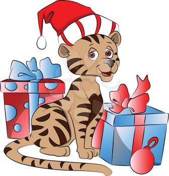 Vector illustration of cat with Christmas gifts boxes, wearing Santa hat.