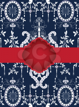 Vintage invitation card with ornate elegant abstract floral design, white on blue with red ribbon. Vector illustration.