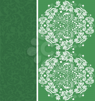 Vintage invitation card with ornate elegant abstract floral design, white on green. Vector illustration.