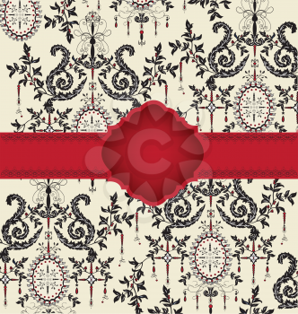 Vintage invitation card with ornate elegant abstract floral design, black on gray with red ribbon. Vector illustration.