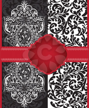 Vintage invitation card with ornate elegant abstract floral design, white black and gray with red ribbon. Vector illustration.