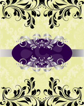 Vintage invitation card with ornate elegant abstract floral design, silver purple and black on yellow green with ribbon. Vector illustration.
