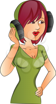 Vector of young girl listening to music on headphones.
