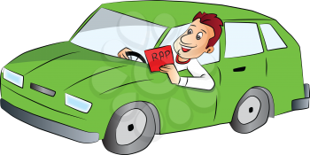 Vector illustration of happy young man driving car and showing rap sign.