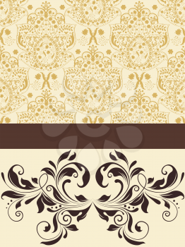 Vintage invitation card with ornate elegant abstract floral design, brown on pale yellow. Vector illustration.