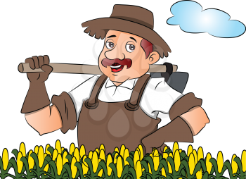 Vector illustration of a gardener with a shovel at field, hand on hip.