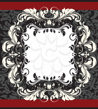 Vintage invitation card with ornate elegant abstract floral design, white and red on black and gray with ribbon. Vector illustration.