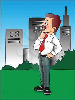 Vector illustration of thoughtful businessman standing in front of city buildings.