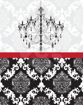Vintage invitation card with ornate elegant abstract floral design, white on gray and black with chandelier. Vector illustration.