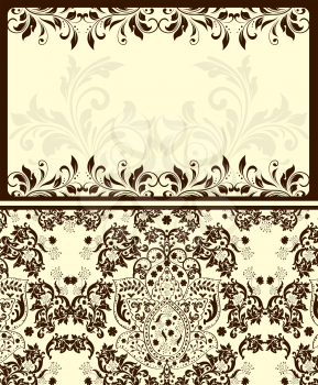 Vintage invitation card with ornate elegant abstract floral design, brown and gray on pale yellow. Vector illustration.