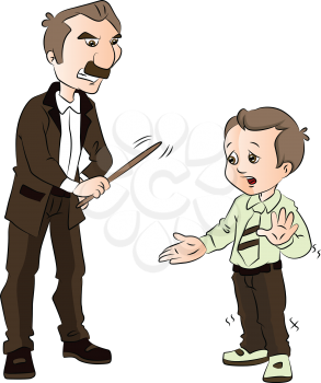 Vector illustration of a male teacher beating schoolkid with stick.