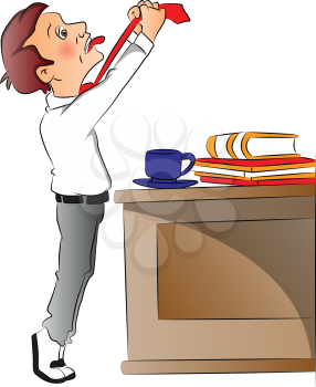 Vector illustration of overworked businessman pulling his necktie, teacup with files on office desk.