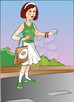 Vector illustration of a beautiful woman hitchhiking at roadside.