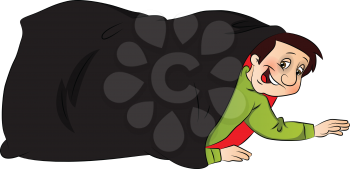 Vector illustration of happy little boy hiding in a sack.