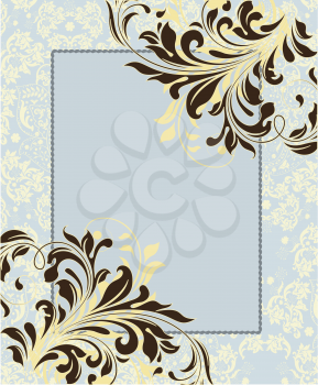 Vintage invitation card with ornate elegant abstract floral design, brown on pale yellow and blue with frame. Vector illustration.
