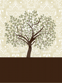 Vintage invitation card with ornate elegant abstract floral tree design, green and brown on gray. Vector illustration.