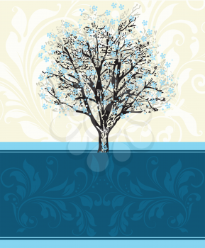 Vintage invitation card with ornate elegant abstract floral tree design, light blue and white flowers on pale yellow with ribbon. Vector illustration.