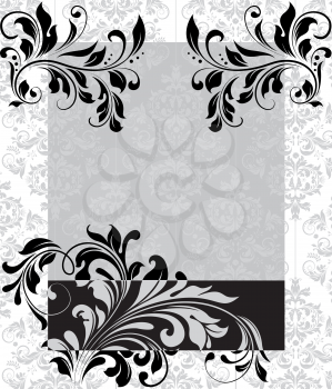 Vintage invitation card with ornate elegant abstract floral design, black and gray on white. Vector illustration.