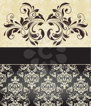 Vintage invitation card with ornate elegant abstract floral design, brown on pale yellow and black. Vector illustration.