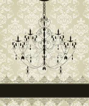 Vintage invitation card with ornate elegant abstract floral design, black on gray with chandelier and ribbon. Vector illustration.