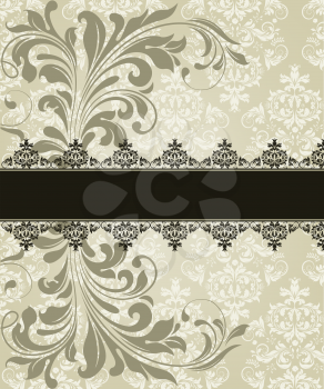 Vintage invitation card with ornate elegant abstract floral design, black on gray with ribbon. Vector illustration.
