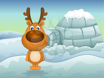 Reindeer in Winter, Igloo in Background, vector illustration