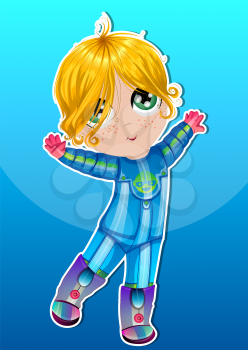 Baby, in an Blue Astronaut Suit, Dancing, Blonde Hair, Green Eyes, vector illustration