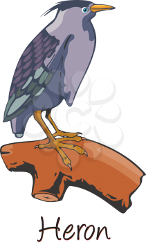 Heron, Perched on a Branch, Color Illustration