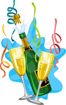 Celebration with white wine in glasses and bottle, vector illustration