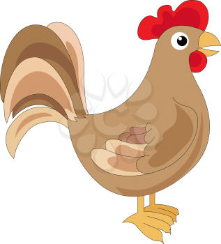 Cute brown cock or rooster or male chicken, vector illustration