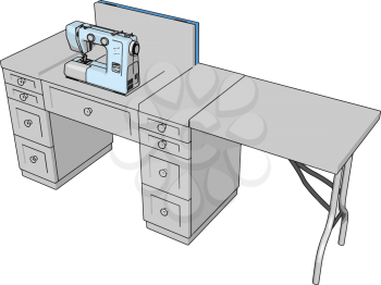 3D vector illustration of a sewing machine on a working table white background