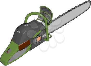 3D vector illustration of a grey and green chain saw white background