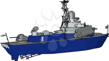 3D vector illustration on white background of a blue and grey military boat