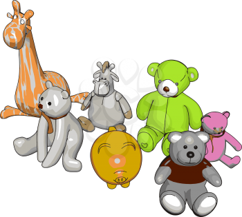 Various stuffed toy animals vector illustration on white background