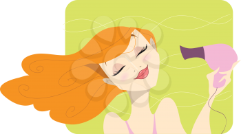 A cute redhead girl with curly red hair blowing and drying her hair with a pink hairdryer on a wavy green background.