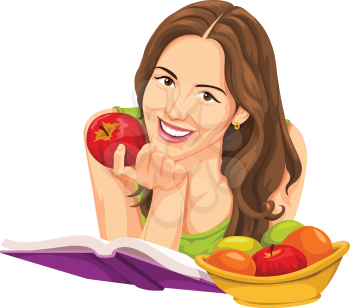 Vector illustration of happy young woman with apple, reading a book.