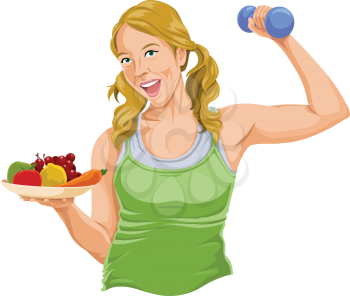 Vector illustration of fit young woman posing with dumbbell and fruit plate.