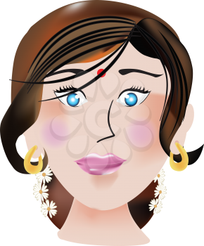 Indian face, female, bindi on the forehead, blue eyes, gold earrings, vector illustration