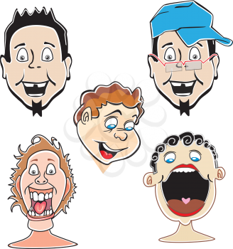 Laughing guys, 5 faces, vector illustration