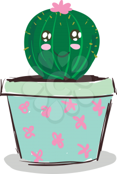 Happy cactus with pink flower vector or color illustration