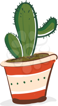 Cactus in earthen flower pot vector or color illustration