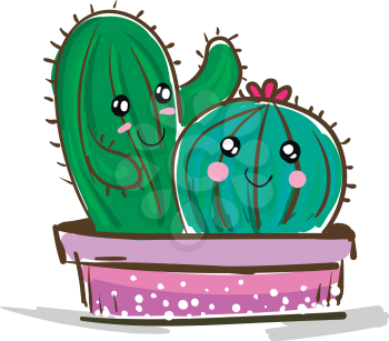 Happy cactus family in round pot vector or color illustration