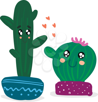 Two cacti in love with each other vector or color illustration