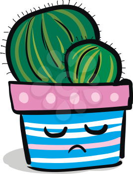 Cactus in sad face flower pot vector or color illustration