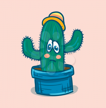 confused cactus with hat vector or color illustration
